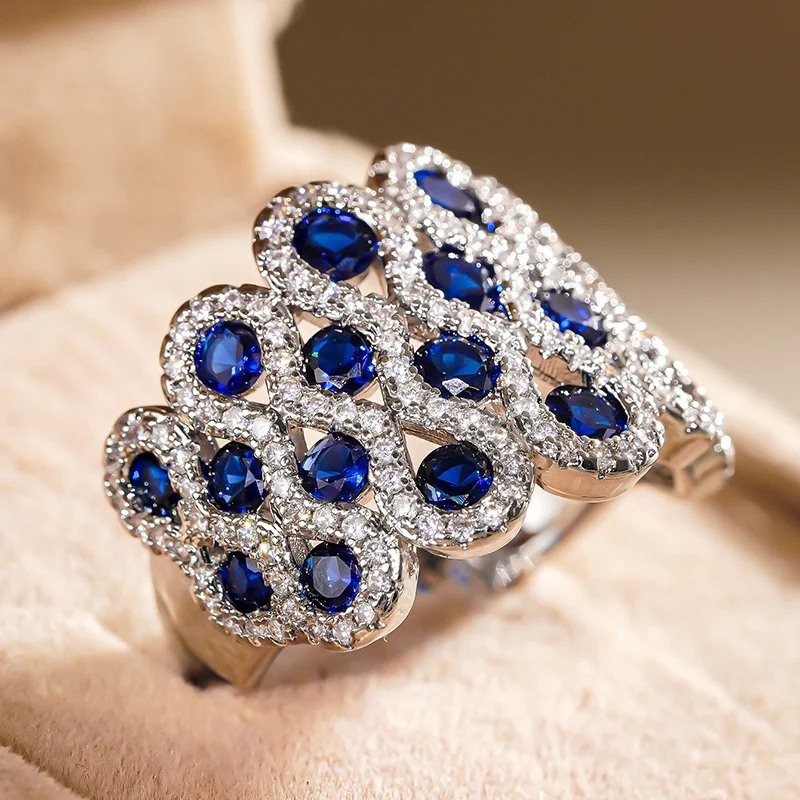 CAOSHI Peacock Shape Ring Multi Round Cut Blue Zircon Cluster Inlaid Full Paved Clear CZ Luxury Cocktail Banquet Finger Jewelry