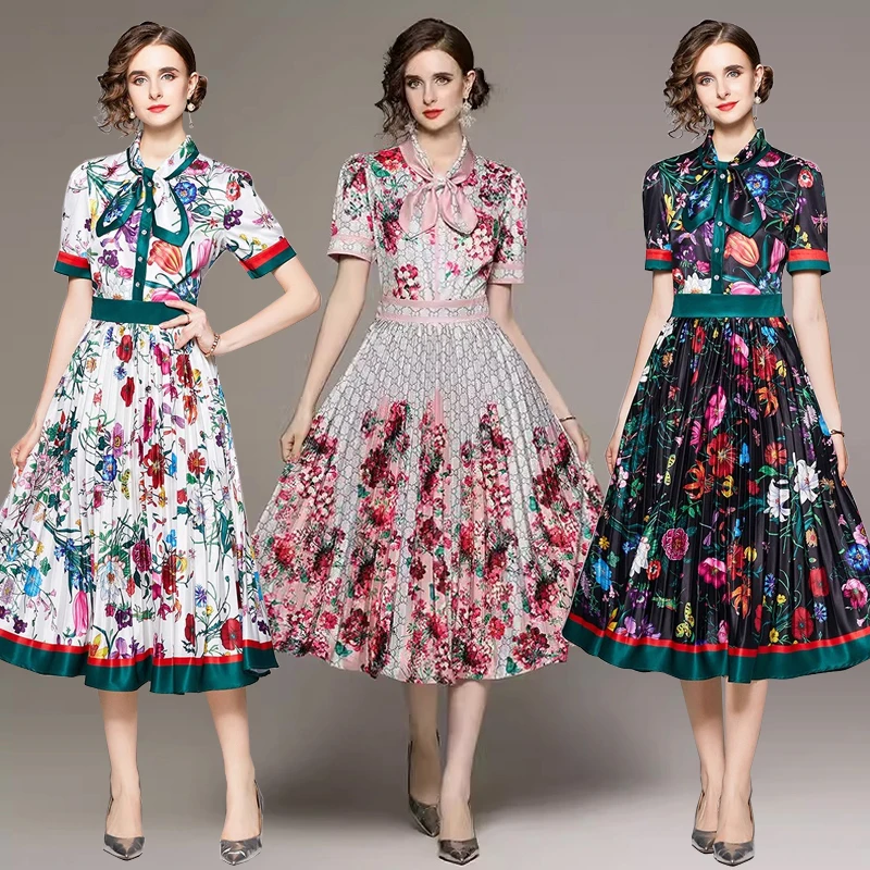 Elegant Celebrity Style Midi Dress Large Floral Print Knee-Length plus Size Women's Fashionable Spring Shirt Dress High Waist
