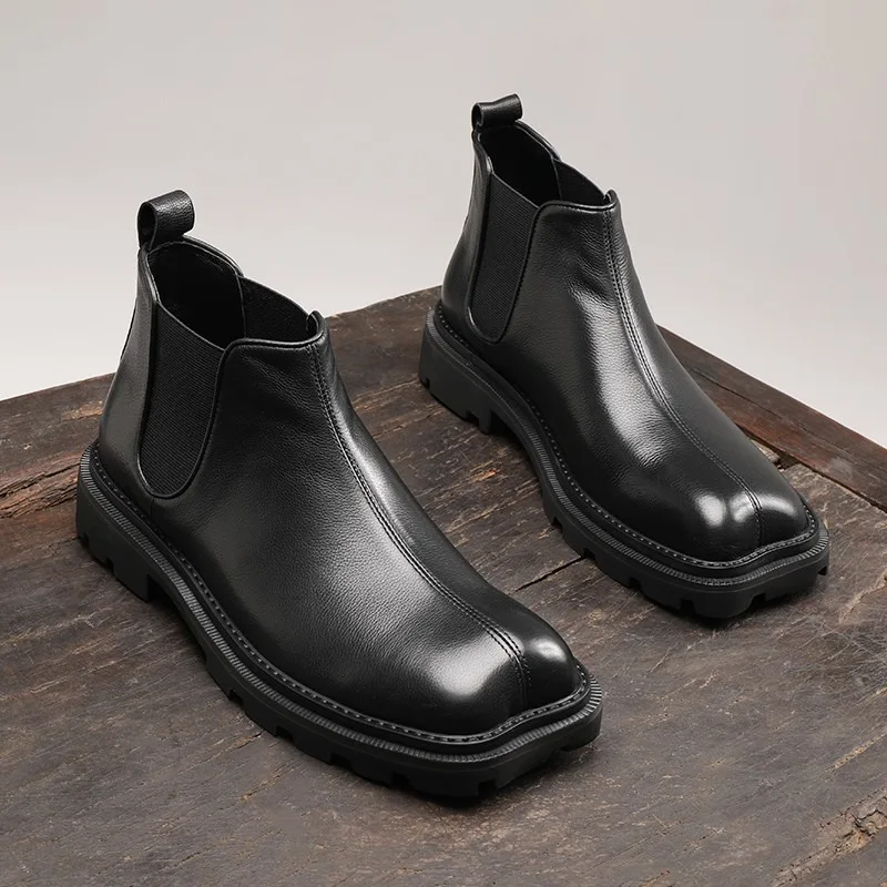 

Mens Leather Boots British Chelsea Boots Square Toe High Top Fashion Thick Sole Black