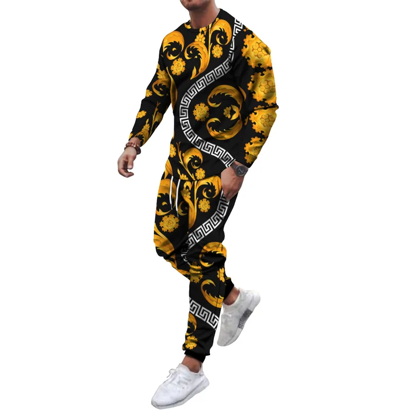 Men Luxury Vintage Baroque Style Tracksuit Gold Floral Chain Animal Leopard Tiger Printed Clothes Suit Sweatshirt Pants 2pcs Set