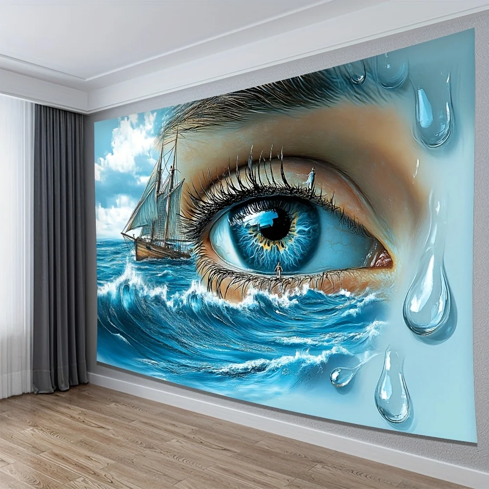 Massive 150x300cm Ocean Eye Tapestry Nautical Wall Decor Blue Sea Wave Sailing Ship Surreal Art Room Hanging