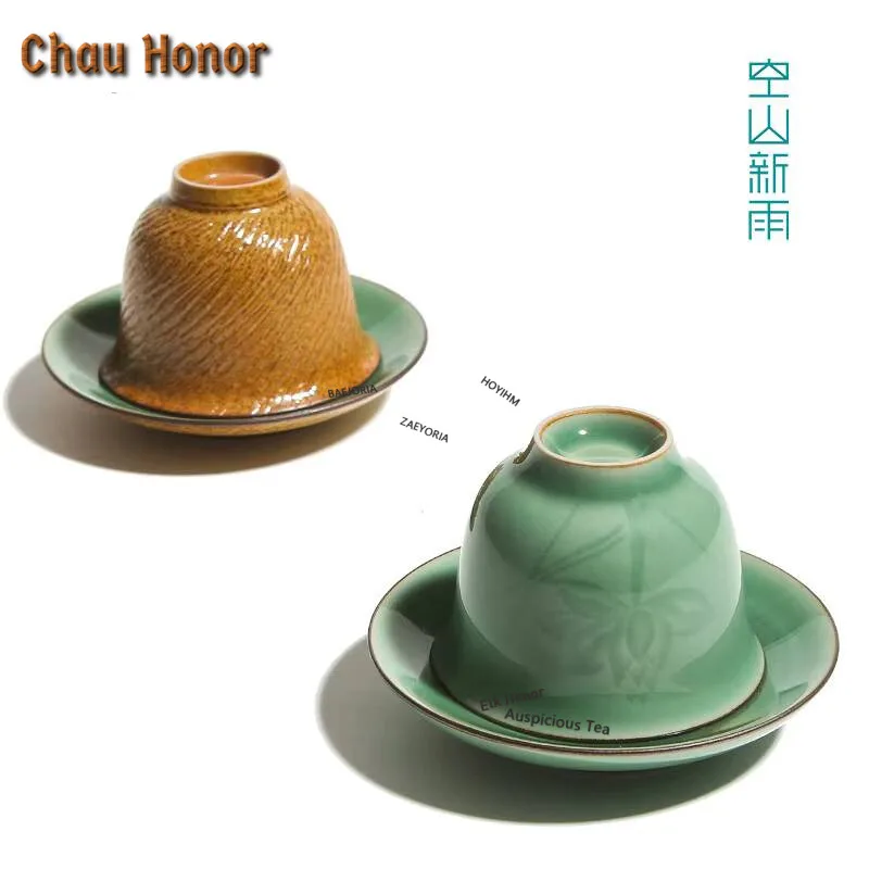 60ml Creative Longquan Celadon Teacup Handmade Jumping Knife Master Cup Cushion Saucer Kit Tea Bowl with Holder Chazhan Gifts