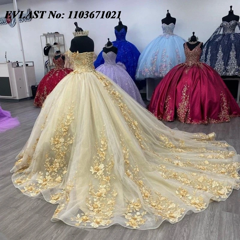 EVLAST-Vestido Champagne Quinceanera, Applique Floral 3D, Espartilho de Beading, Vestido de Bola Dourado, Sweet 16, XV 15, 15 Anos, SQ26, 2024