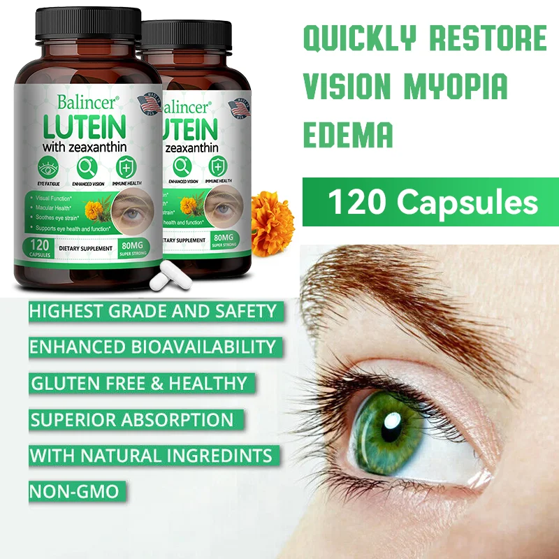 Mélange de lutéine pour les yeux, vitamines avec lutéine, zéaxanthine et extrait de myrtille pour la fatigue oculaire, le soulagement des yeux secs et la santé de la vision, adulte