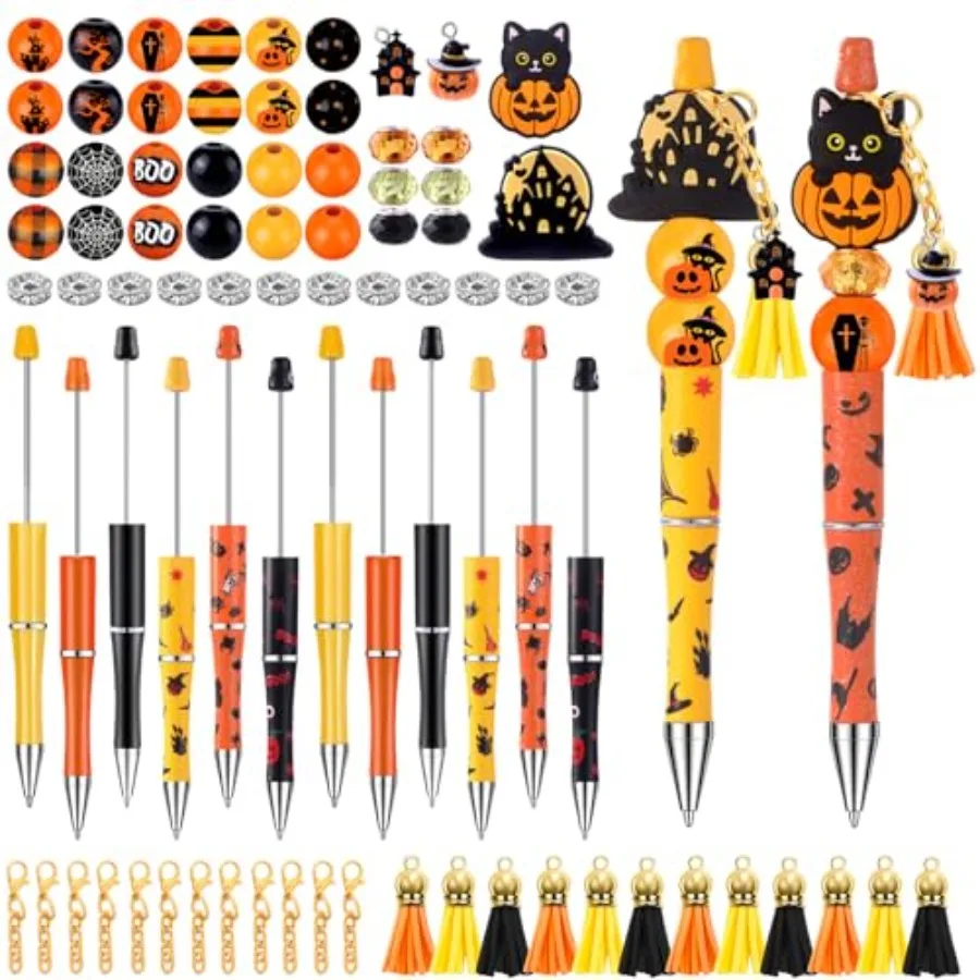 

12 компл. ручек из бисера на Хэллоуин, ручки из тыквы, осенние объемные шариковые ручки, набор для изготовления ручек «сделай сам», с наклейками, подвесками, лобстером