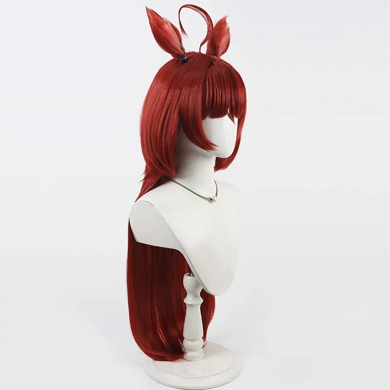 Umamusume bonito derby vermelho sonho cosplay peruca orelhas e cauda feminino vermelho longo cabelo reto com franja anime adereços de festa de halloween