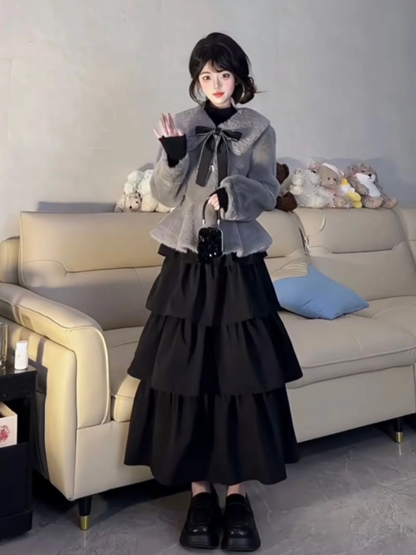 Elegant Autumn Winter Outfit for Girls with  Knot Half Skirt And Puffy Long Skirt Set French Style Long Sleeve Coat