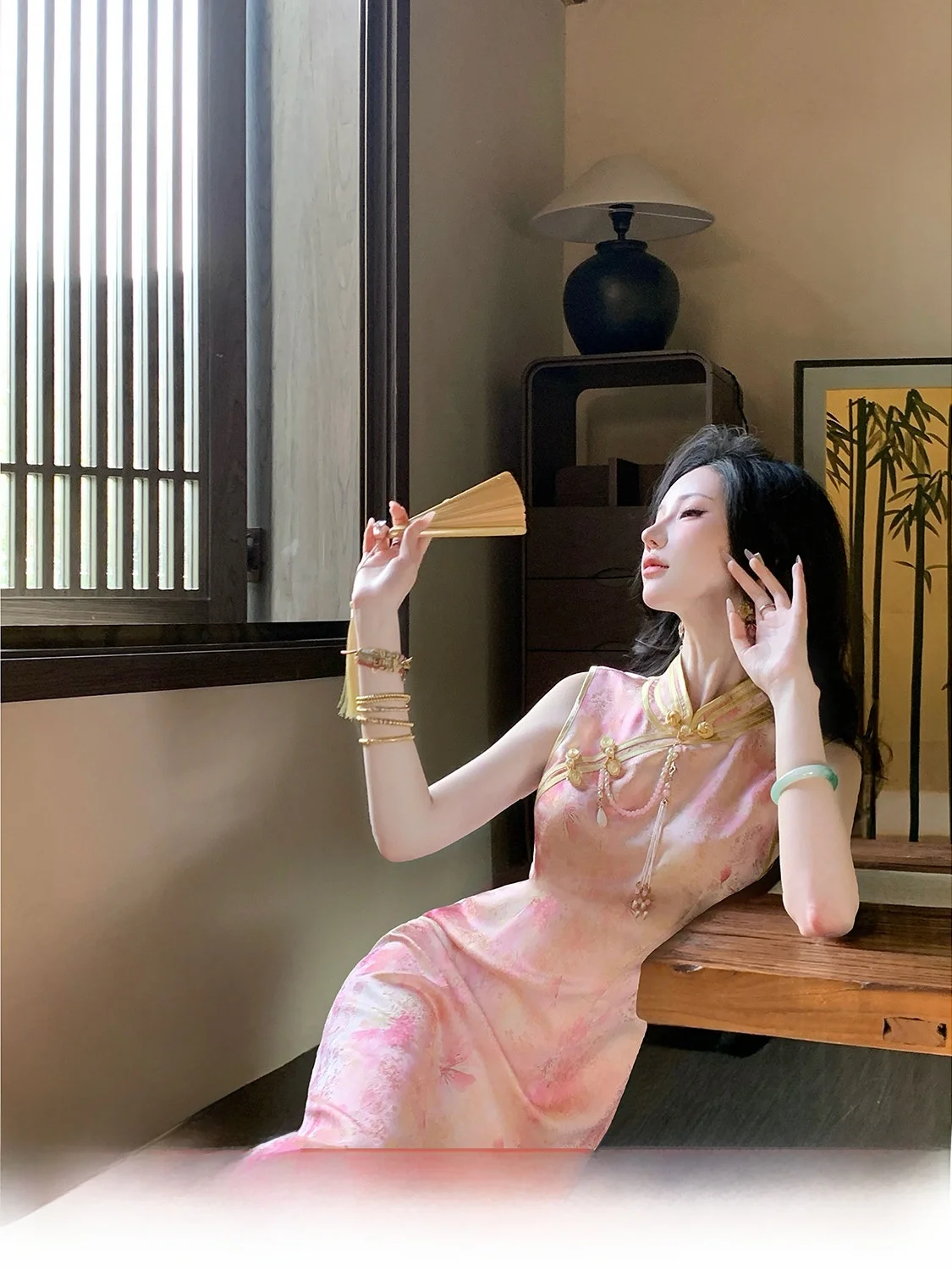 

Syqiao Summer Sleeveless Long Qipao Dress Gradient Silk Thread Embroidery Floral Pattern Breathable Lightweight Chinese Style