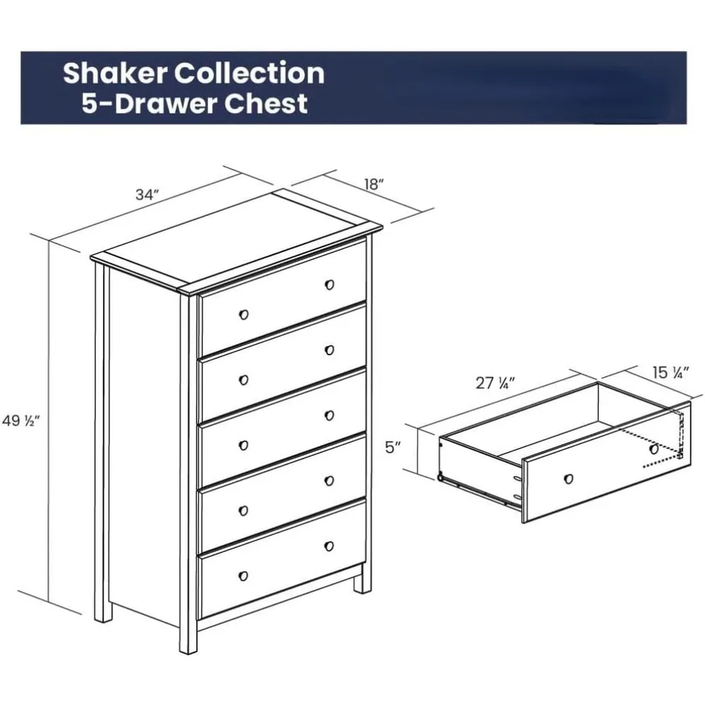 Shaker 5-Drawer Chest, Solid Wood with a Walnut Finish