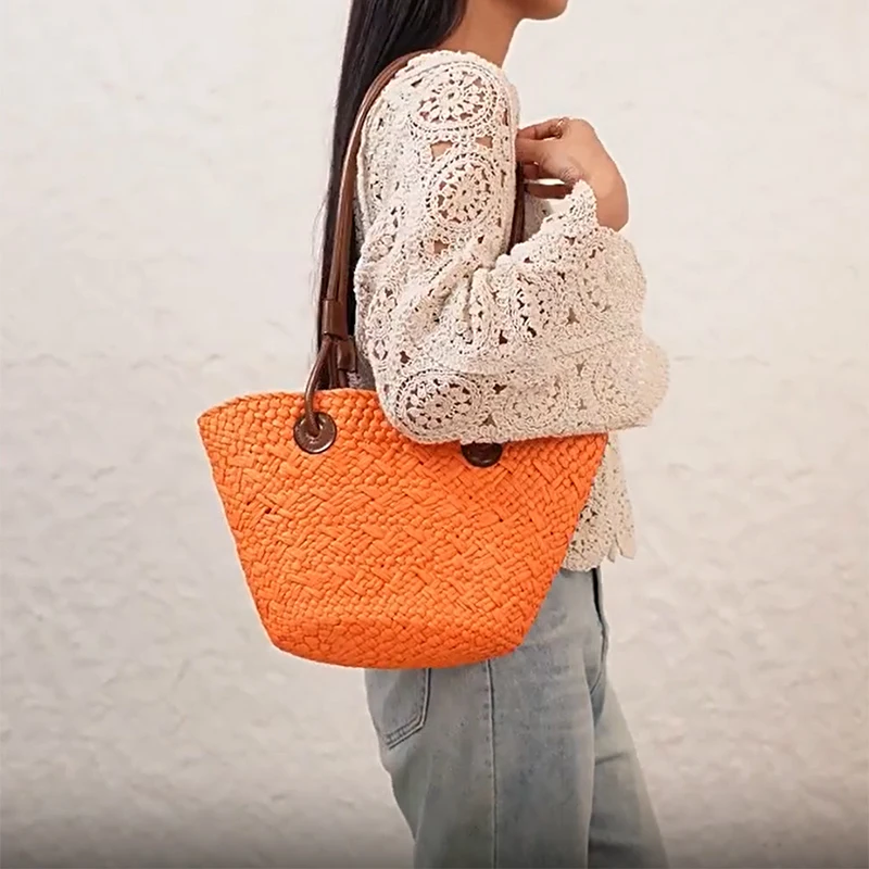 

Elegant Fashion Women' Woven Bag Summer Orange Large Capacity Tote Bag High Quality Straw Beach Bag Large Shoulder Bag Women Bag