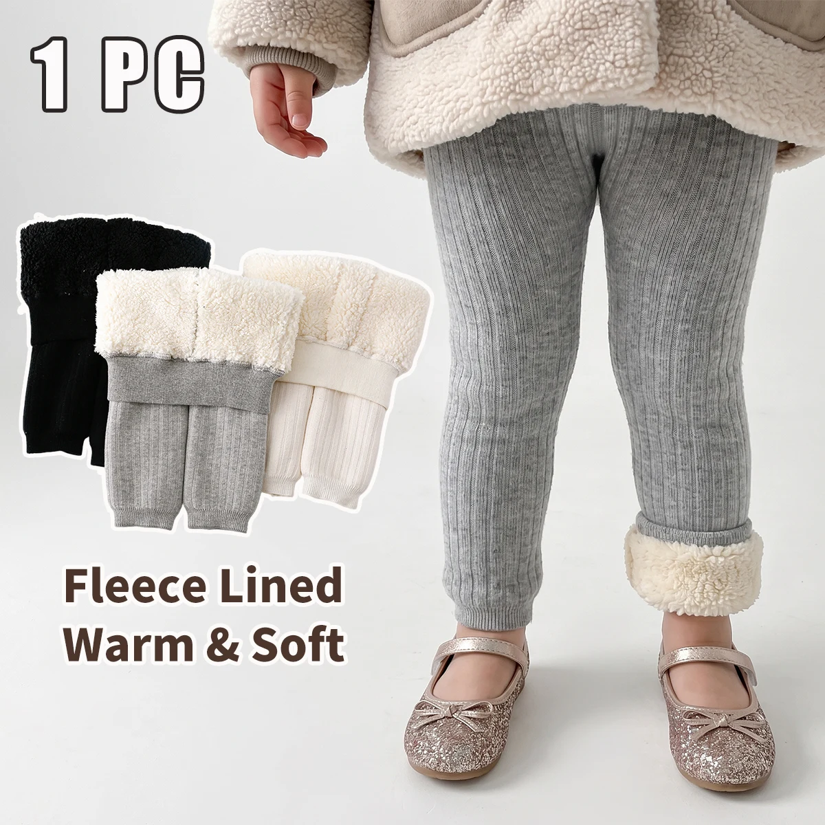 1PC Toddler Girls Fleece Lined Leggings, Winter Thick Ribbed Warm Full Length Pants for Kids