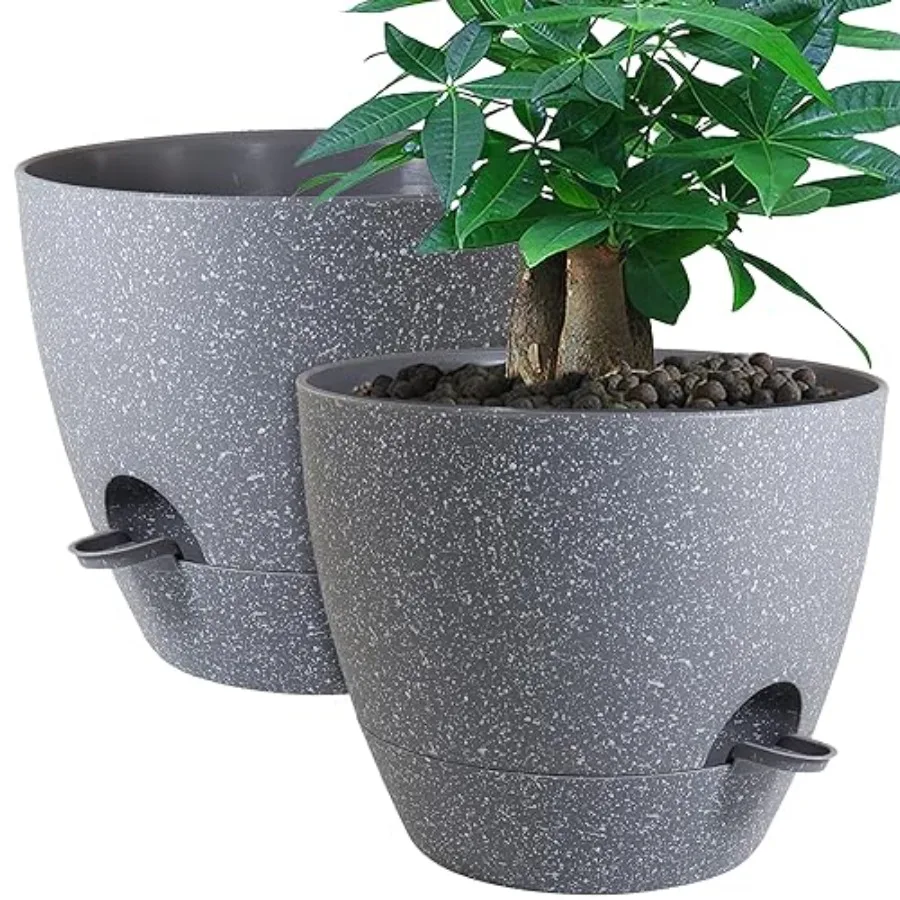 

12inch 2Pack Large Self Watering Planters, Plastic Plant Pots with 60oZ Removable Deep Reservoir and Multi Mesh Drainage Holes