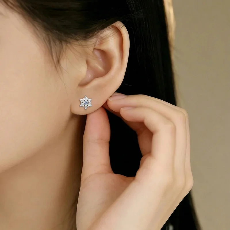 Hot-Sale S999 Silver Hollow Snowflake Earrings Sky Blue Zircon Crystal Simple Earrings Women'S Daily Accessories Jewelry