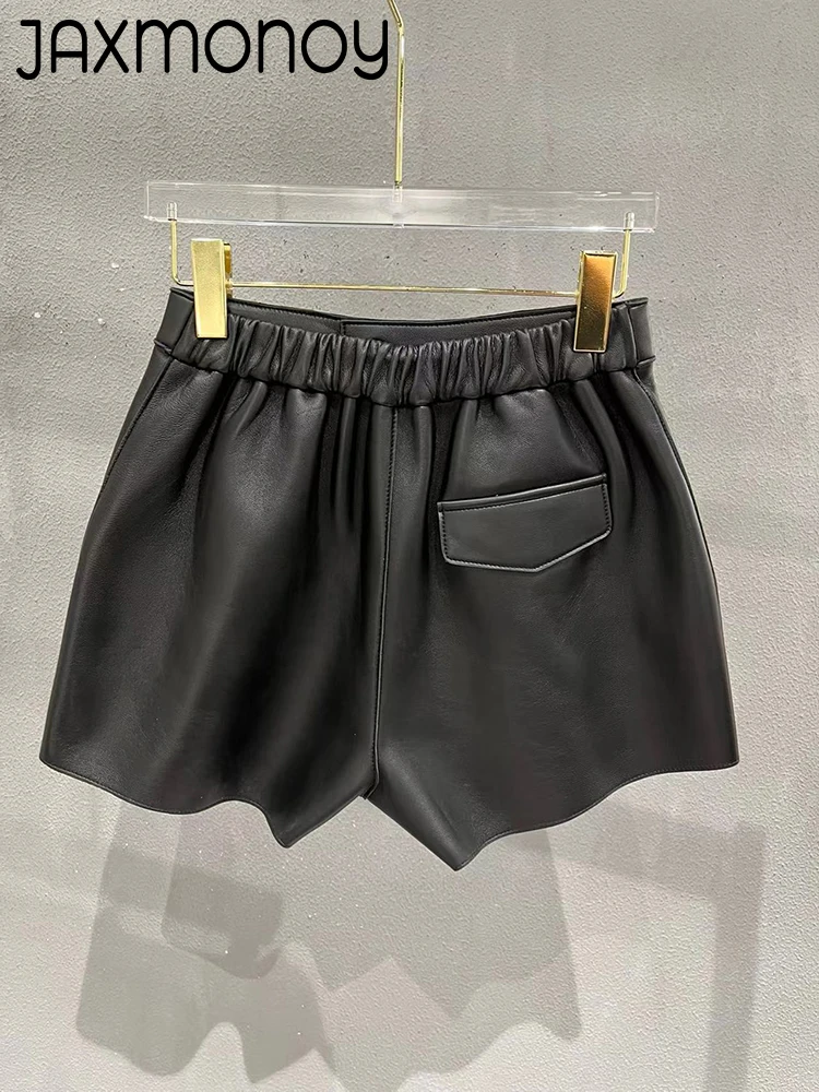 Jaxmonoy Women's Solid Color Shorts Vintage Versatile Casual Ladies Genuine Leather Shorts Female 2022 New Arrival