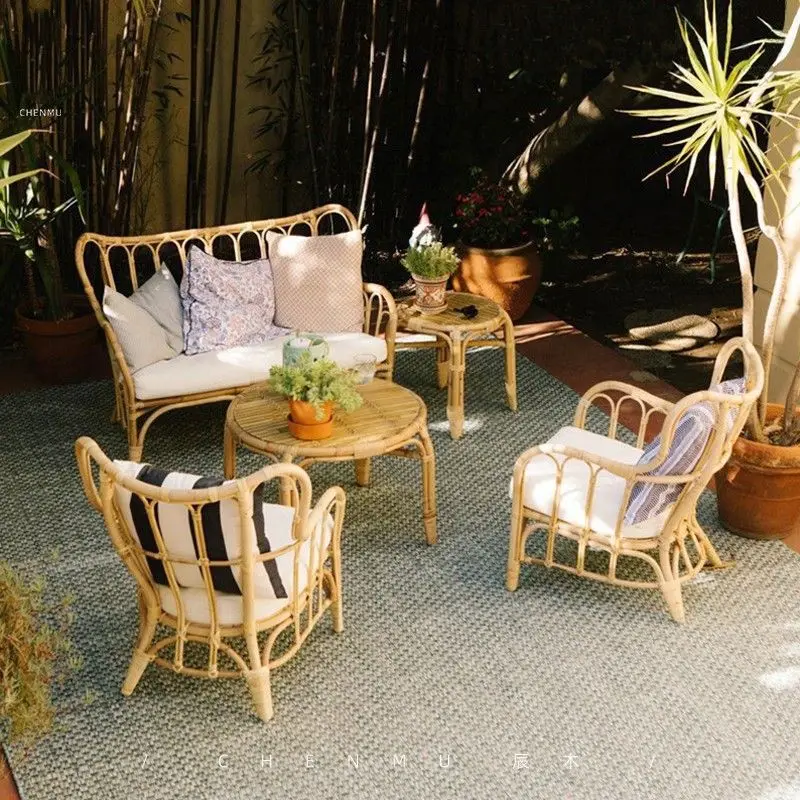 Outdoor sofa natural real  sun room rattan patio sofa combination Indonesia single leisure B&B rattan chair