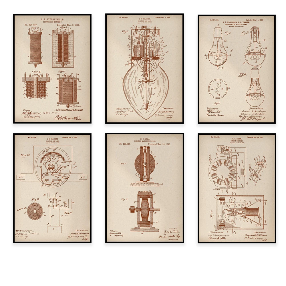 Electrical patent prints, electric motor blueprints, battery schemes ARC lamp patents Lineman electrician posters expert gifts