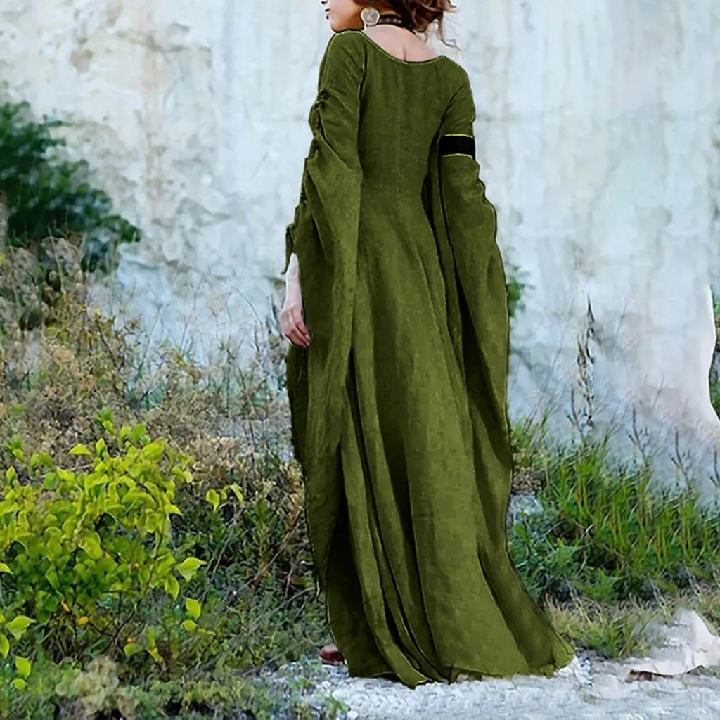 Renaissance Retro Long Flare Sleeve Maxi Dress Vintage Gothic Victoria Style Medieval Solid Color Cotton Linen Halloween Costume