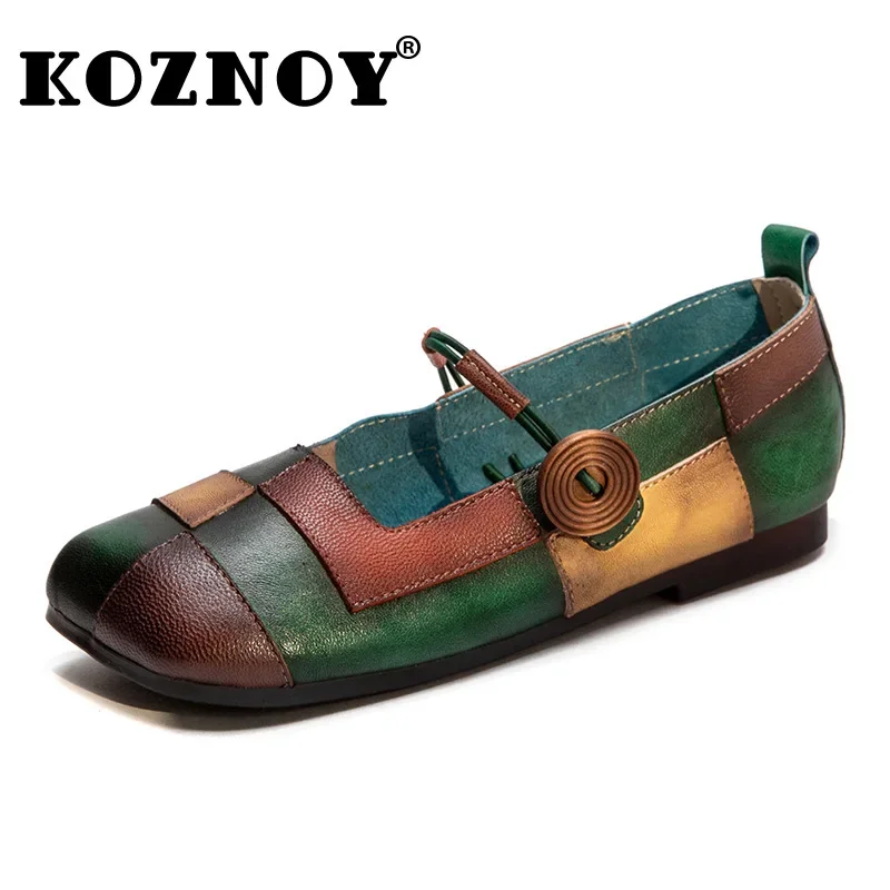 Koznoy 2cm 2024 Ethnic Natural Cow Genuine Leather Loafer Summer Comfy Shallow Mixed Color Women Soft Flats Elastic Casual Shoes