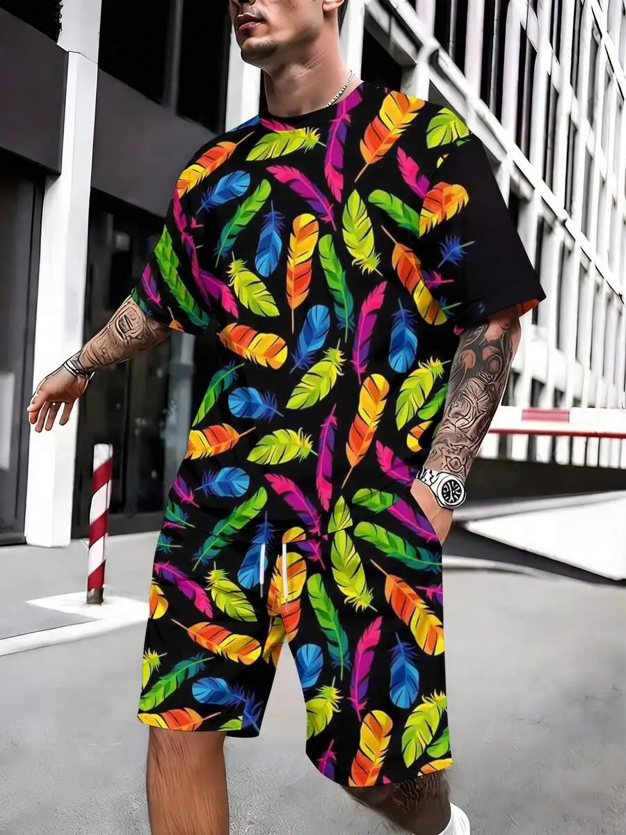 

Mens Two-Piece Set Short Sleeve T-Shirt And Shorts With Colorful Feather Print Black Background