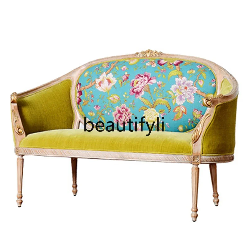 

American country solid wood carving flower luxury double sofa chair European classical studio hotel, sofa