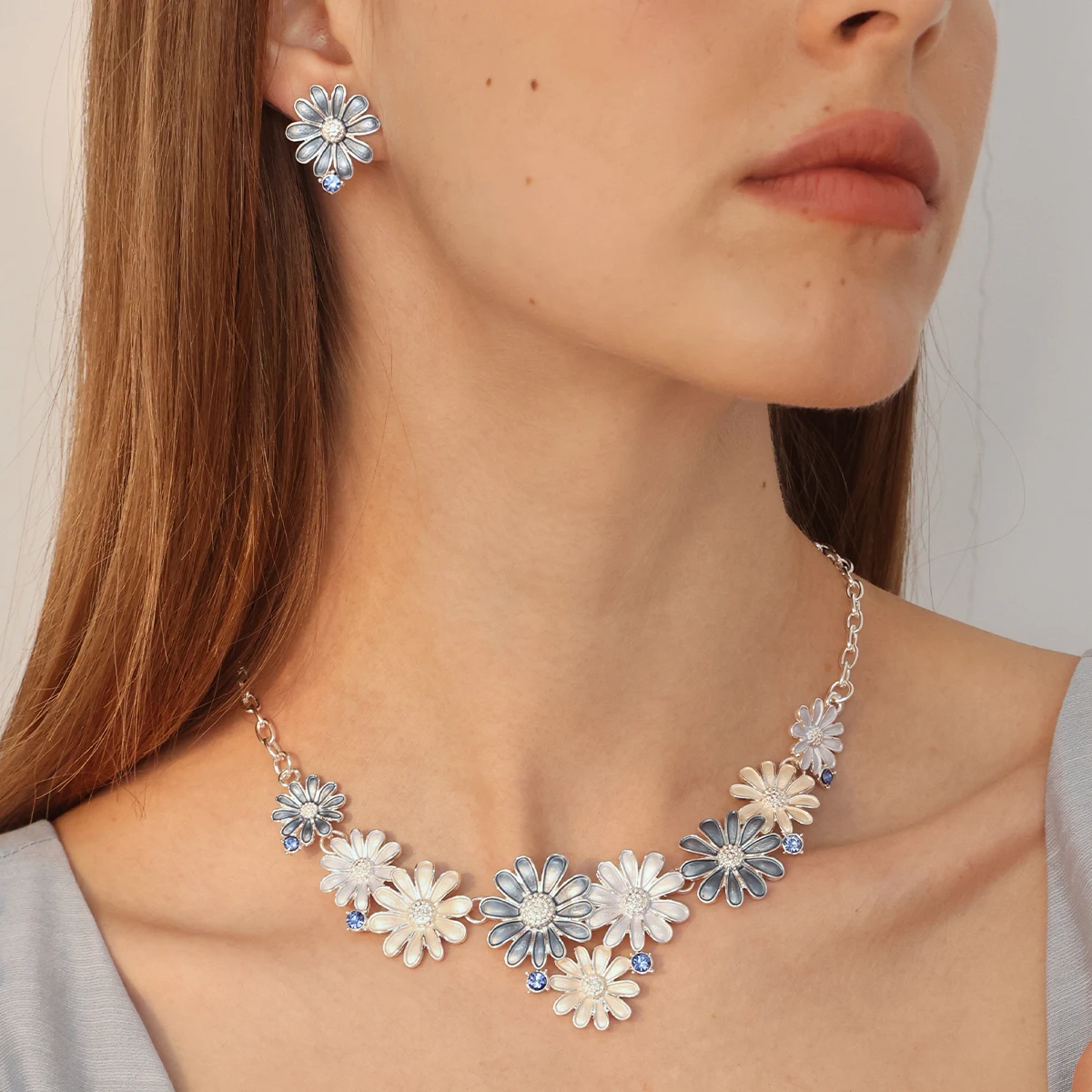 Sale Cring Coco Magnolia Flower Jewelry Sets Fashion Resign Pendant Necklaces Blue Enamel Chains Necklace Earrings for Women