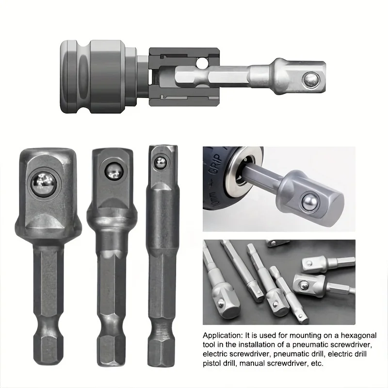 Hex to Square Drive Socket Adapter Set 3-Piece Set with Impact Grade Extension Bars 1/4' 3/8' 1/2' Ball Bearing Fixed for Electr