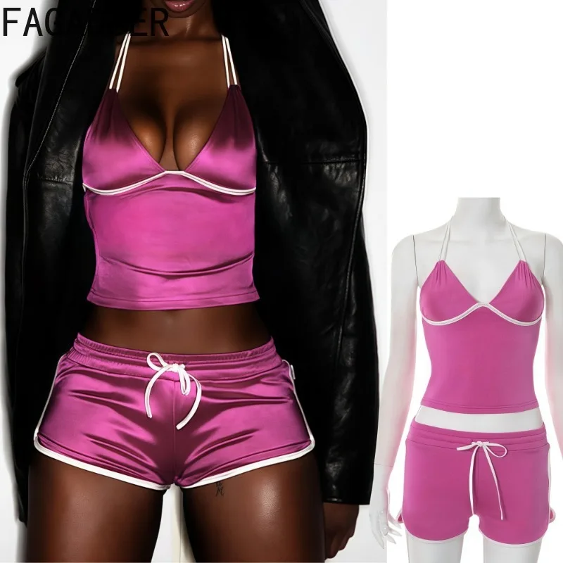 

FAGADOER Summer New Sexy Two Piece Outfits Woman Halter Spaghetti Strap Sleeveless Backless Crop Top + Shorts Female Streetwear
