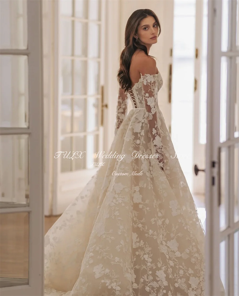 TULX Luxury Lace Flowe Wedding Dresses Sweetheart Off Shoulde Long Sleeve Floor Length Bridal Gowns Robe De Mariée Customized