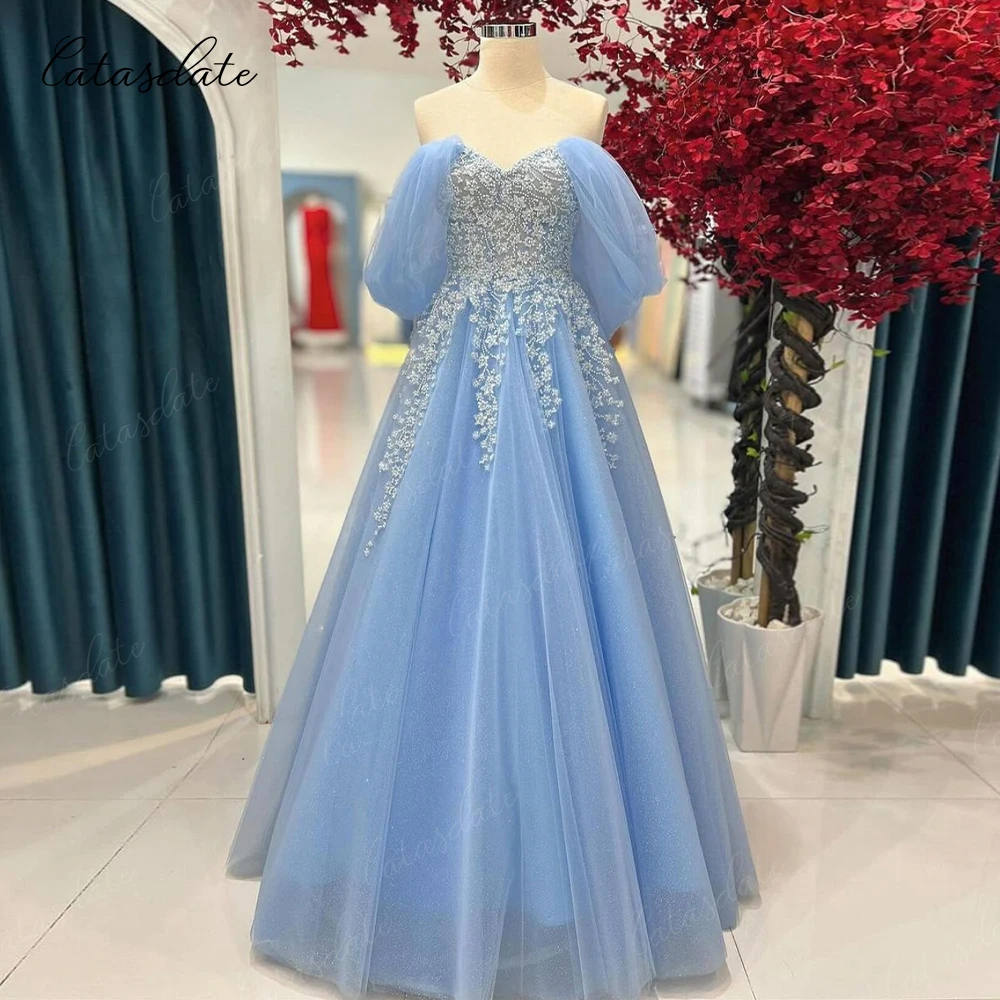 Catasdate Off Shoulder Evening Dress Puffy Party Dress for Women Formal Occasion Dresses with Applique Lace Prom Gown 2024