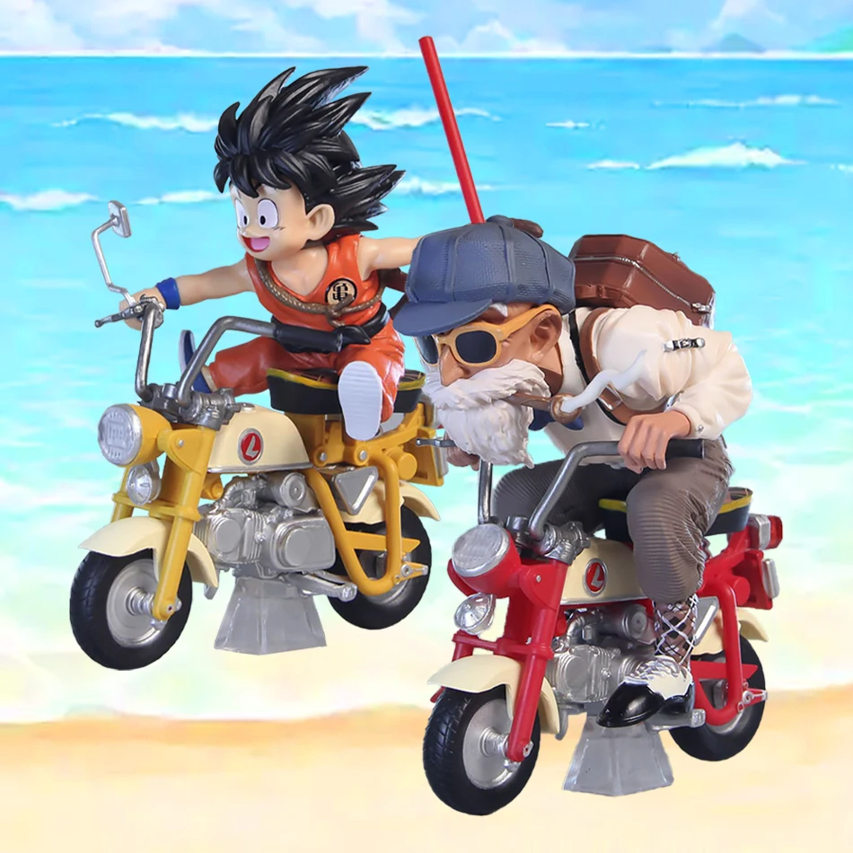 

New 13cm Dragon Ball Z Anime Figure Childhood Son Goku Master Roshi Locomotives PVC Action Kame Sennin Motorcycle Toys Children