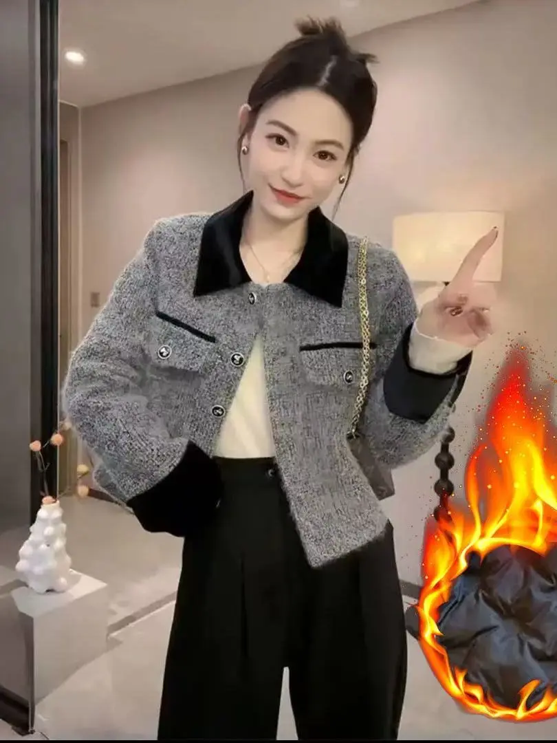 

Fall Winter Thickened Short Woolen Coat Korean Style Commute Straight Leg Pants Color Block Striped Pattern Pure Color