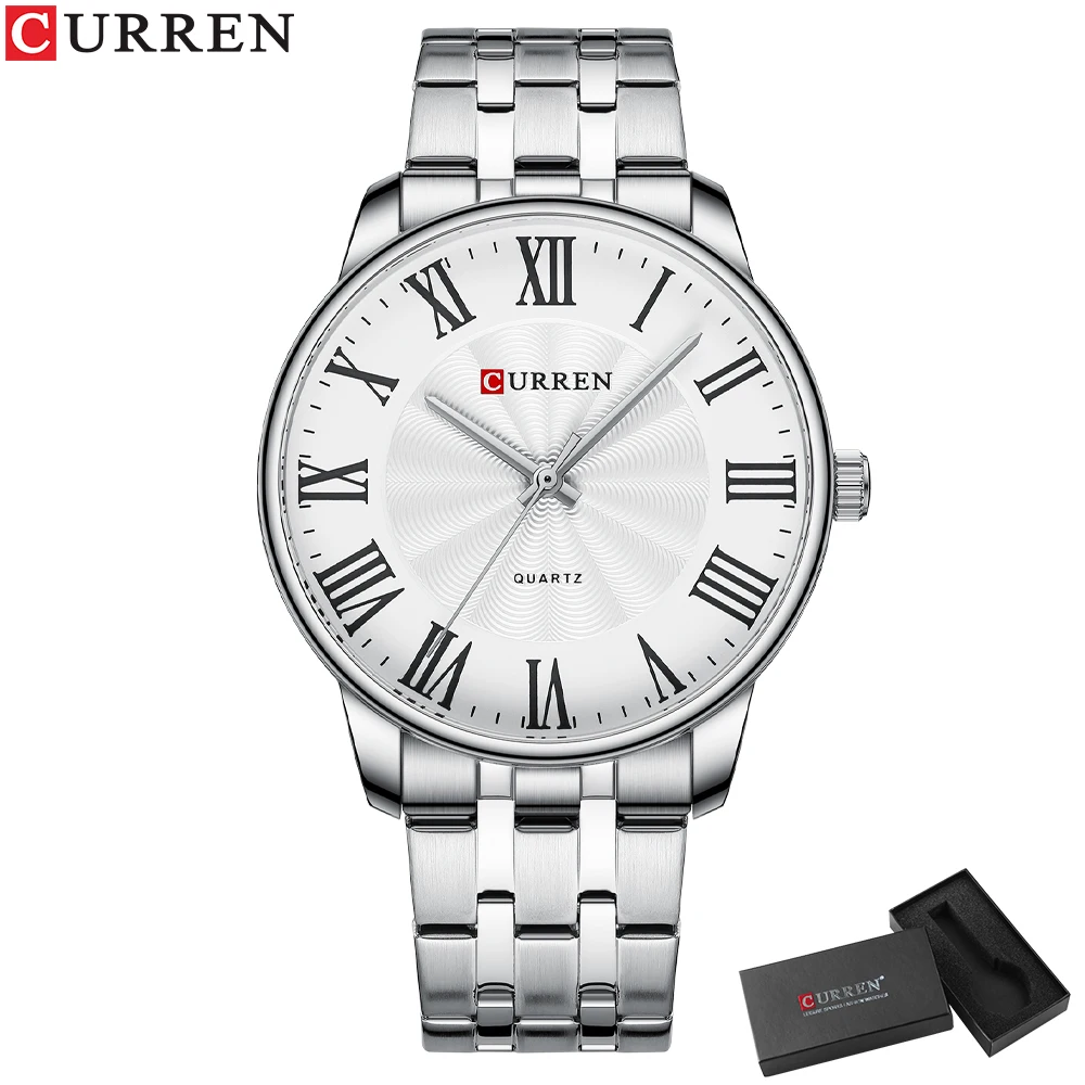 CURREN Neue schlichte Edelstahl-Armbanduhr für Herren, Luxusmarke, Business-Quarzuhr mit römischen Zahlen 9