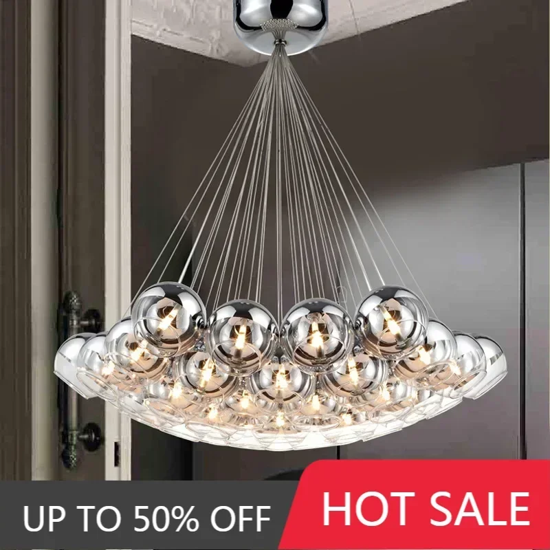 

LED Crystal Glass Ball Pendant Lamp Loft Hotel Hall Semi Sliver Globe Cluster Ceiling Chandelier Suspension Hanging Light