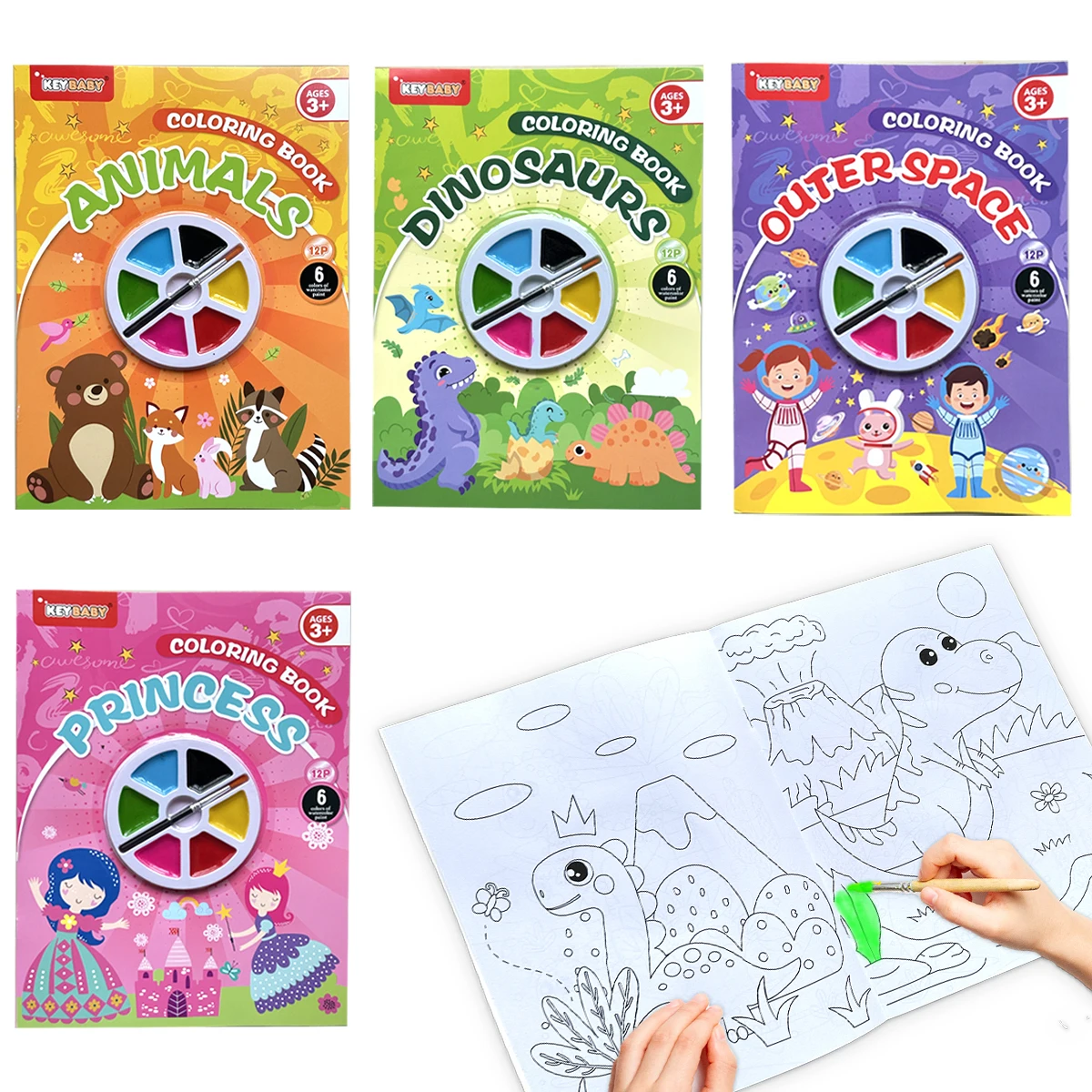 

4 Pack Kids Watercolor Coloring Books Built-in 6-Color Paint Palette Brush 4 Themes Animals Dinosaur Princess Space Drawing Gift