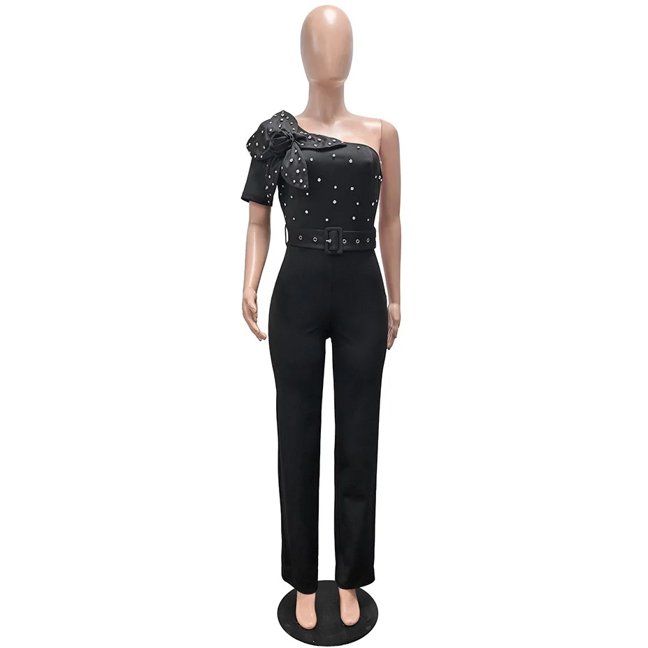 Sexy Black Jumpsuits & Rompers for Woman One Shoulder Beaded Floral Decorate Belt Waisted Straight Ladies Birthday Party Outfits
