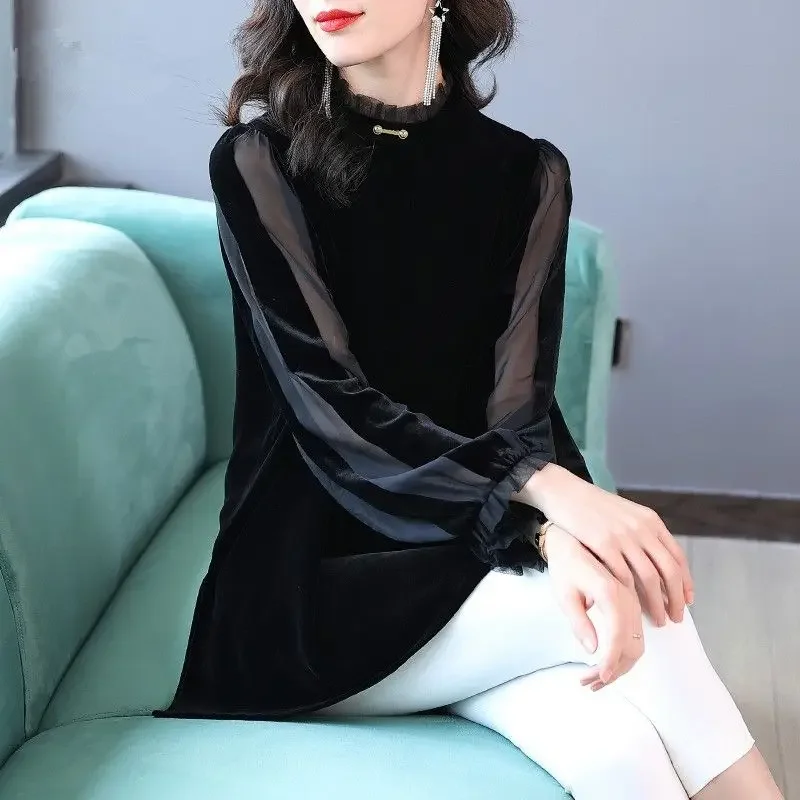 

Simplicity Sping Autumn Pleuche Women's Stand Collar Solid Fashion Loose Long Sleeve Mid-length Shirts Tops ZT372