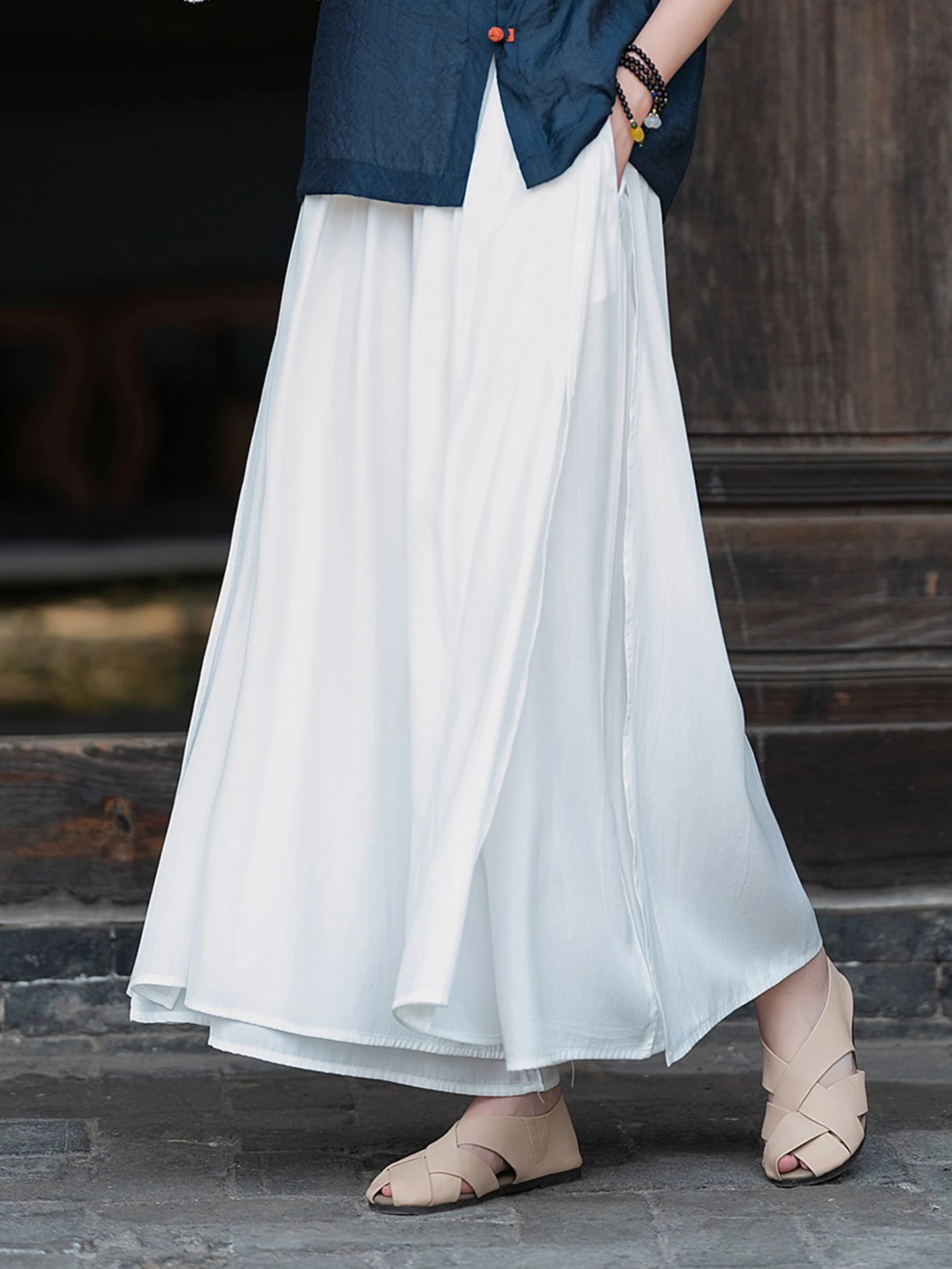 

White Loose Wide Leg Pants Women Summer Thin Dance Skirt Pants Double Layer Side Slit Casual Trousers Natural Waist Elastic
