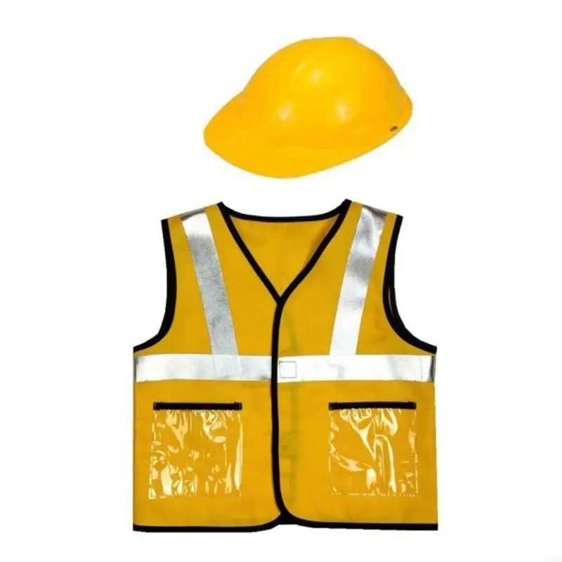 Construction Worker Costume Role Play Tool Toy Set with Protective Helmet,Belt 6XDA