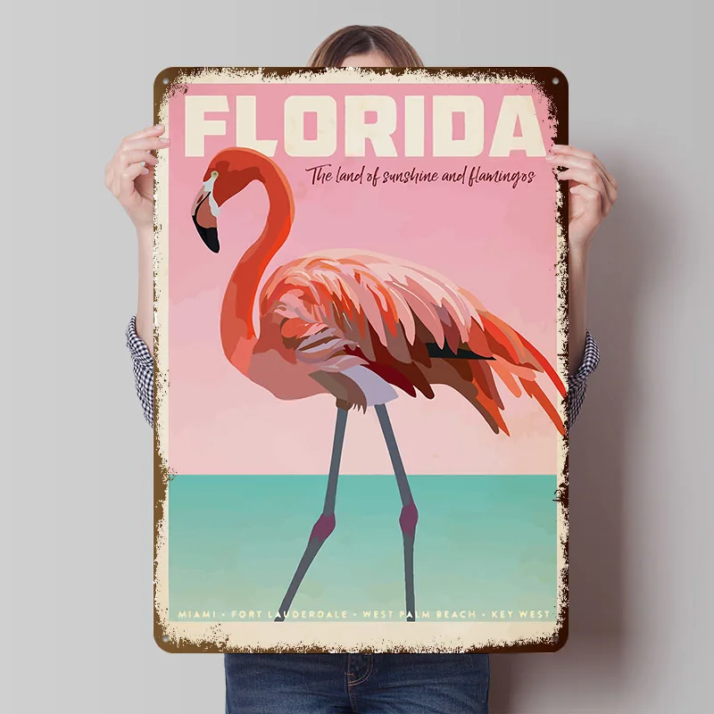 Florida Flamingo Travel Metal Poster Custom Wall Art Retro Vintage Tinplate Signs for Room Decorations Bedroom Decoration Garage