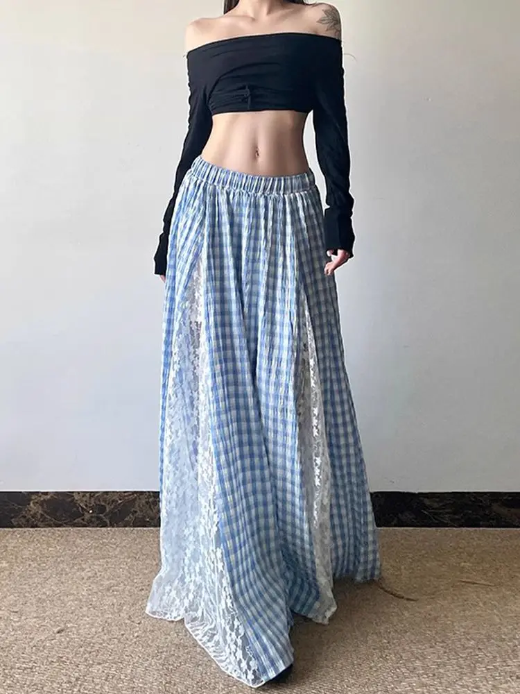 Jupe à carreaux en dentelle pour femmes, élégante, Patchwork, Fairycore, douce, Vintage, longue, Style coréen, rétro, ligne a, à volants
