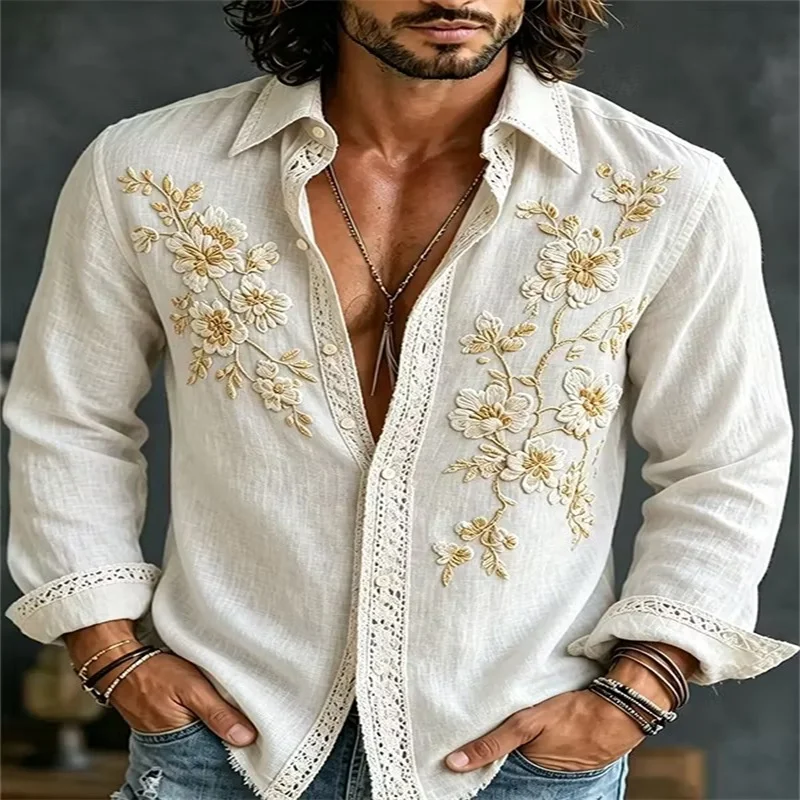 New Artistic Versatile Long Sleeve Shirt White Cotton and Hemp Xianhe Pine Tree New Chinese Daily Men's Top Clothing