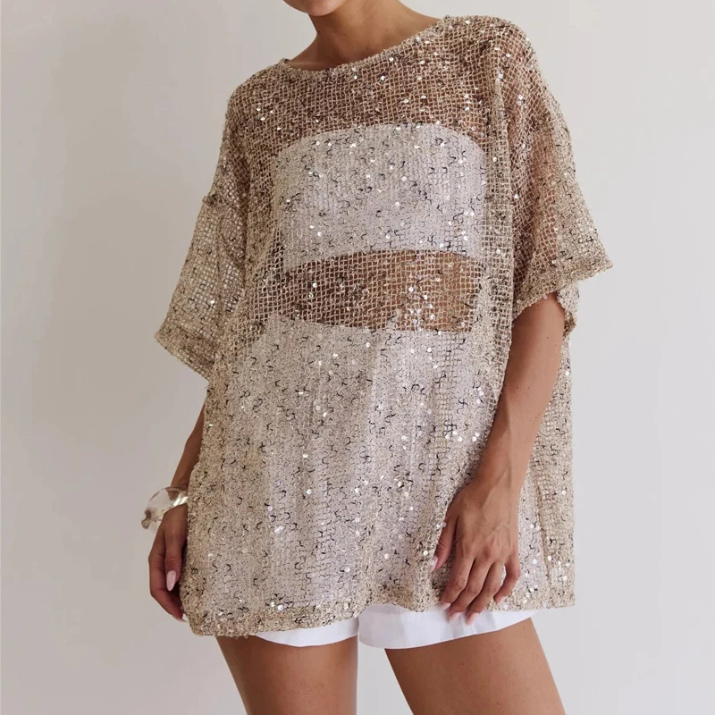 Casual Solid Color Perspective Knitted Blouses Shiny Sequin Short Sleeved Loose T-shirt Women O-neck High Street Summer Shirt