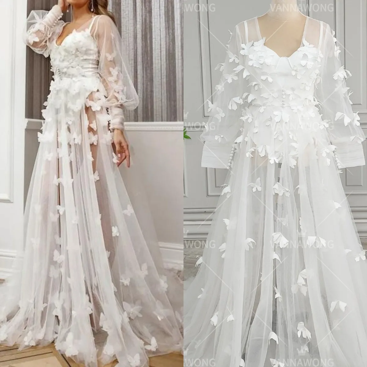 14405#VANNA Sexy White Bridal Night Bathrobe Tulle Pajama for Longsleeve Bride Beads  Robes Dressing Floor Lehgth Wedding Dress