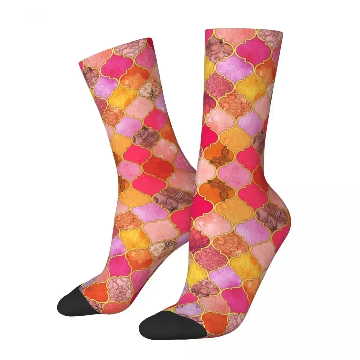 Hot Pink, Gold, Tangerine & Taupe Decorative Moroccan Tile Socks Soft Stockings All Season Long Socks for Man's Woman's Gifts