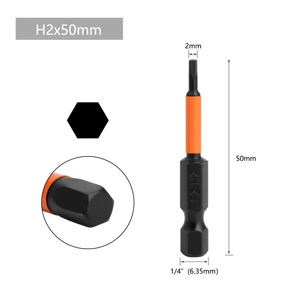 1pc 50mm Hex Head Screwdriver Bit 1/4 Hex Quick Change Impact Driver Magnetic Screwdriver Drill Bits H1.5 H2.0 H2.5 H3 H4 H5 H6