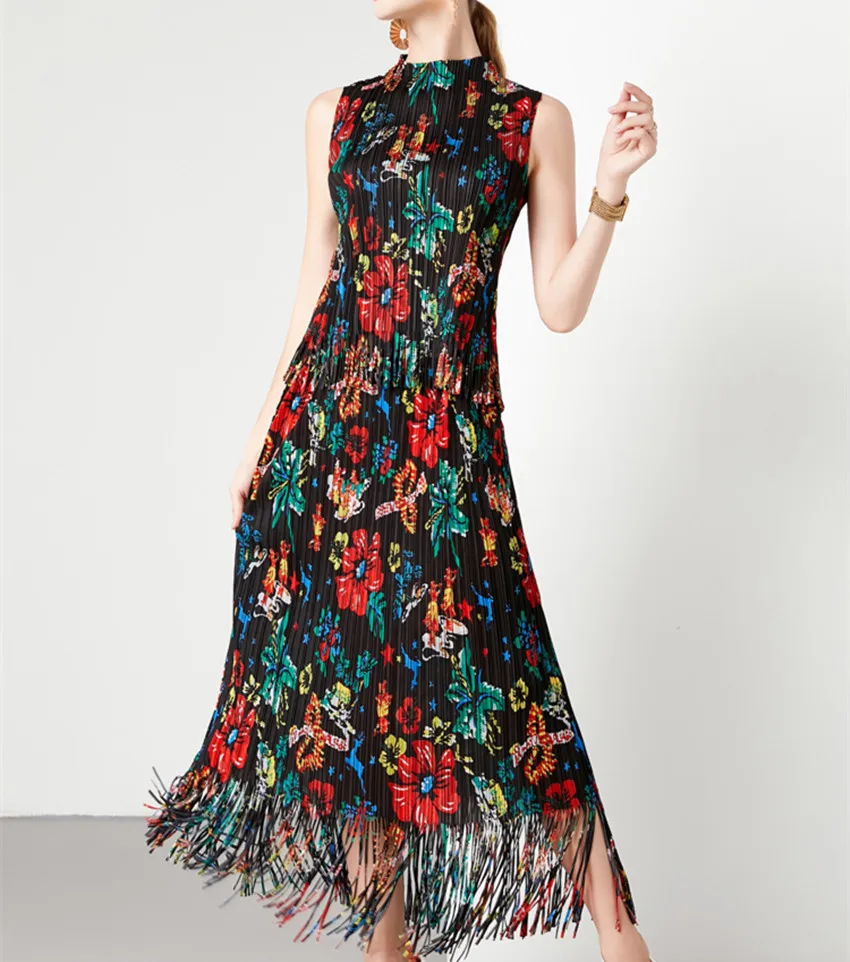 

Miyake Pleated Skirt Suit New Summer Stand Collar Flower Print Tassel Sleeveless Tops + Floral Fringed Long Skirts Two Piece Set