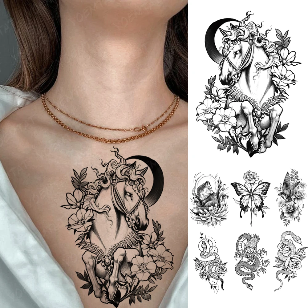 

Waterproof Temporary Tattoo Sticker dark unicorn moon flowers Flash Tattoos Gothic Y2K Body Art Arm Fake Tatoo Men Women