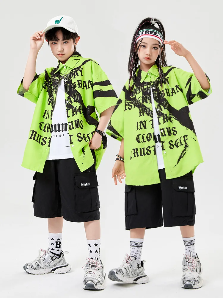 

Boys Hip Hop sets Green T-shirt Street Dance Black Cargo Shorts Girls Streetwear Kids Ballroom Clothes Costume