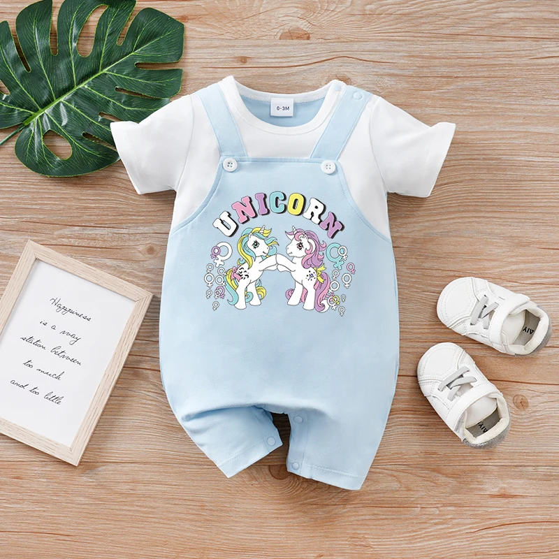 

Newborn baby summer fake two-piece unicorn print short-sleeved round-neck jumpsuitComfortable Cozy Breathable Durable Convenient