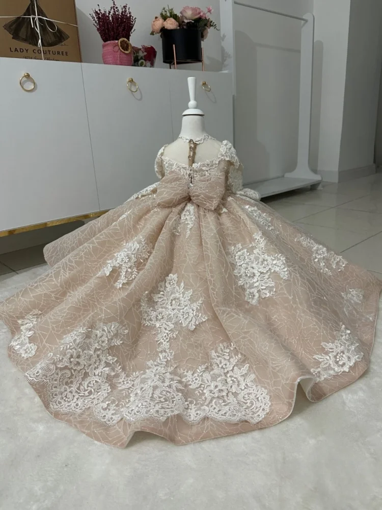 Custom Flower Girl Dress Sheer 3/4 Mesh Sleeve Floral Lace Applique Glitter Fabric Waist Sash Puffy Birthday Pageant Gown